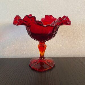 Fenton Ruby Red Glass Ruffled Vase Stemmed Candy Trinket Dish